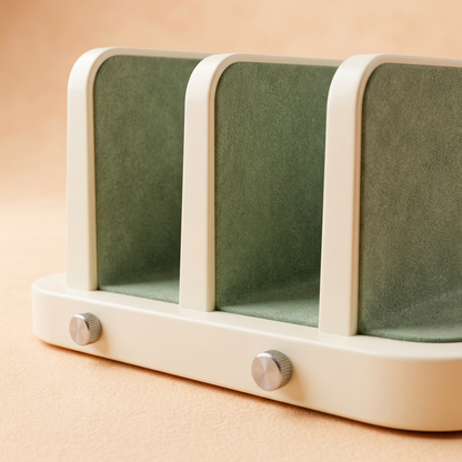 Dual-Slot Vertical Laptop & Tablet Storage Rack with Ivory Frame, Sage Contact Liners & Adjustable-Width Design
