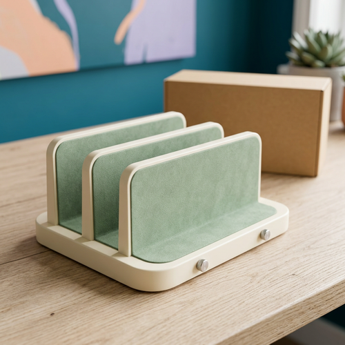 Dual-Slot Vertical Laptop & Tablet Storage Rack with Ivory Frame, Sage Contact Liners & Adjustable-Width Design
