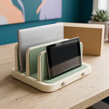 Dual-Slot Vertical Laptop & Tablet Storage Rack with Ivory Frame, Sage Contact Liners & Adjustable-Width Design
