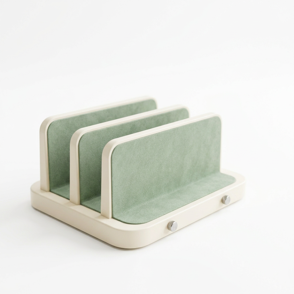 Dual-Slot Vertical Laptop & Tablet Storage Rack with Ivory Frame, Sage Contact Liners & Adjustable-Width Design