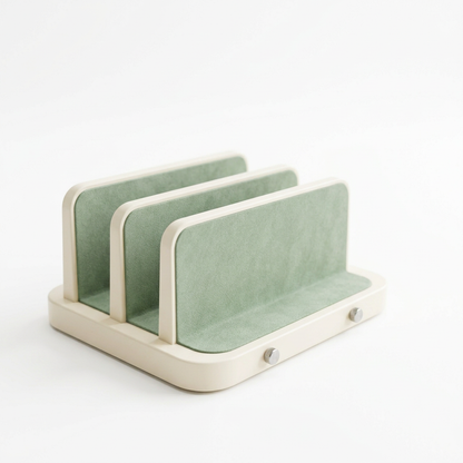 Dual-Slot Vertical Laptop & Tablet Storage Rack with Ivory Frame, Sage Contact Liners & Adjustable-Width Design