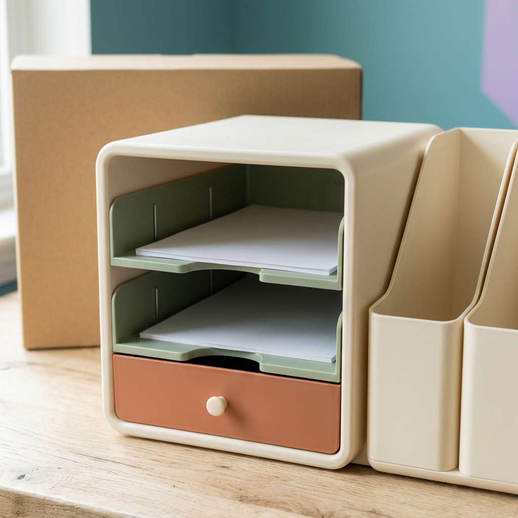Desktop File & Stationery Organizer with Two Sage Paper Trays, Ivory Upright File Holders & Terracotta Accessory Drawer