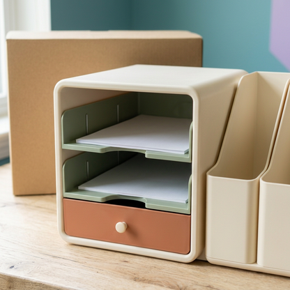 Desktop File & Stationery Organizer with Two Sage Paper Trays, Ivory Upright File Holders & Terracotta Accessory Drawer