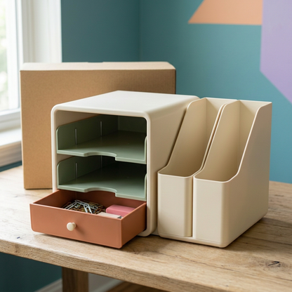 Desktop File & Stationery Organizer with Two Sage Paper Trays, Ivory Upright File Holders & Terracotta Accessory Drawer