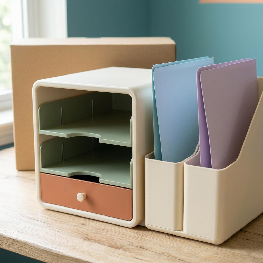 Desktop File & Stationery Organizer with Two Sage Paper Trays, Ivory Upright File Holders & Terracotta Accessory Drawer