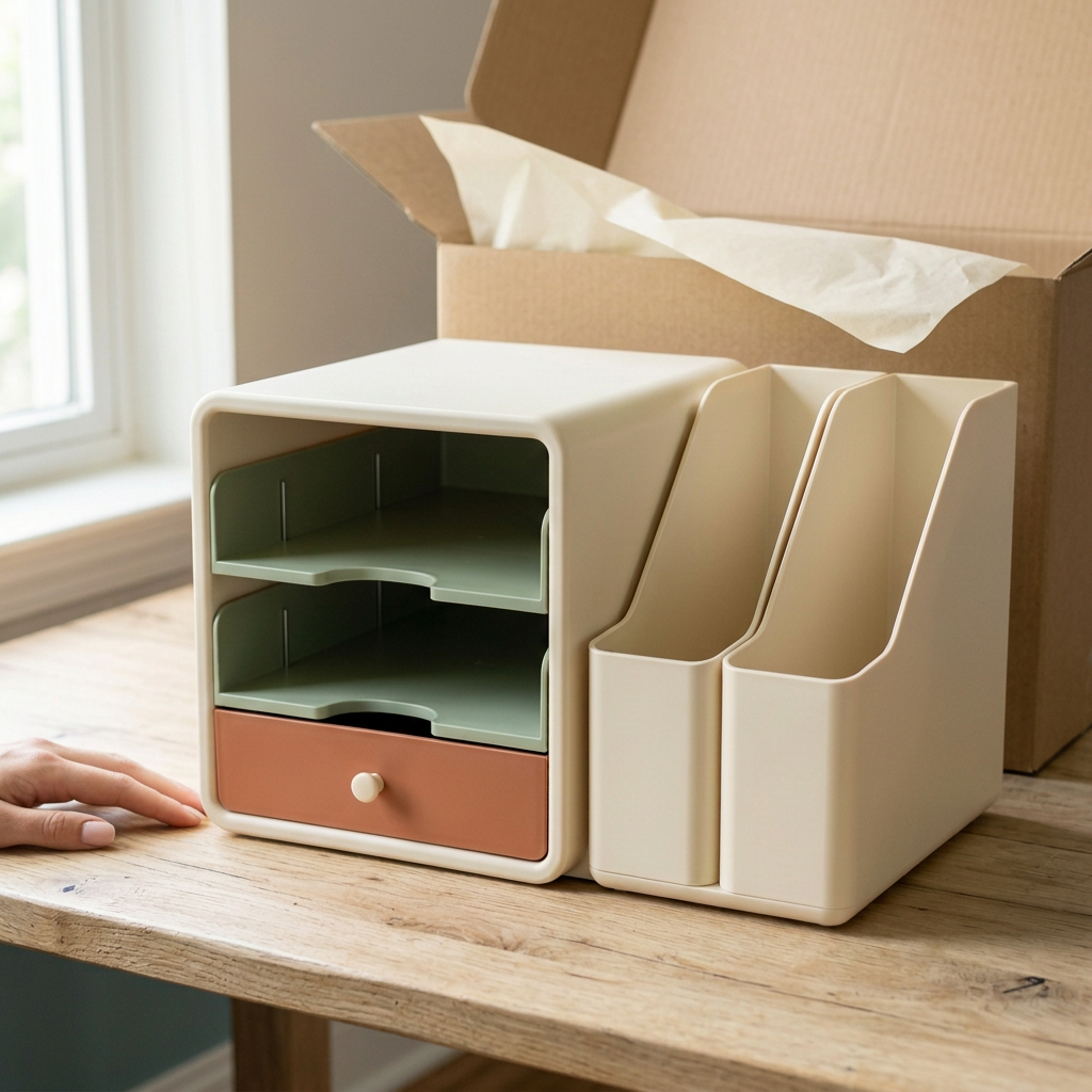 Desktop File & Stationery Organizer with Two Sage Paper Trays, Ivory Upright File Holders & Terracotta Accessory Drawer