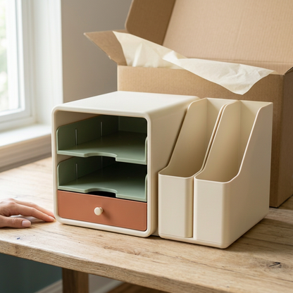 Desktop File & Stationery Organizer with Two Sage Paper Trays, Ivory Upright File Holders & Terracotta Accessory Drawer