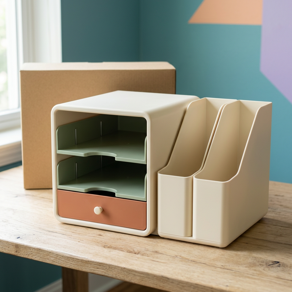 Desktop File & Stationery Organizer with Two Sage Paper Trays, Ivory Upright File Holders & Terracotta Accessory Drawer