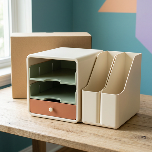 Desktop File & Stationery Organizer with Two Sage Paper Trays, Ivory Upright File Holders & Terracotta Accessory Drawer