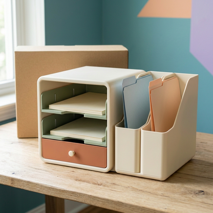 Desktop File & Stationery Organizer with Two Sage Paper Trays, Ivory Upright File Holders & Terracotta Accessory Drawer