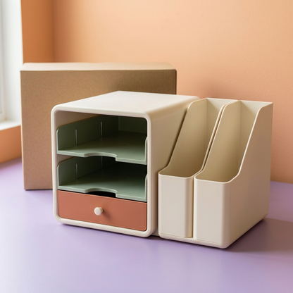 Desktop File & Stationery Organizer with Two Sage Paper Trays, Ivory Upright File Holders & Terracotta Accessory Drawer