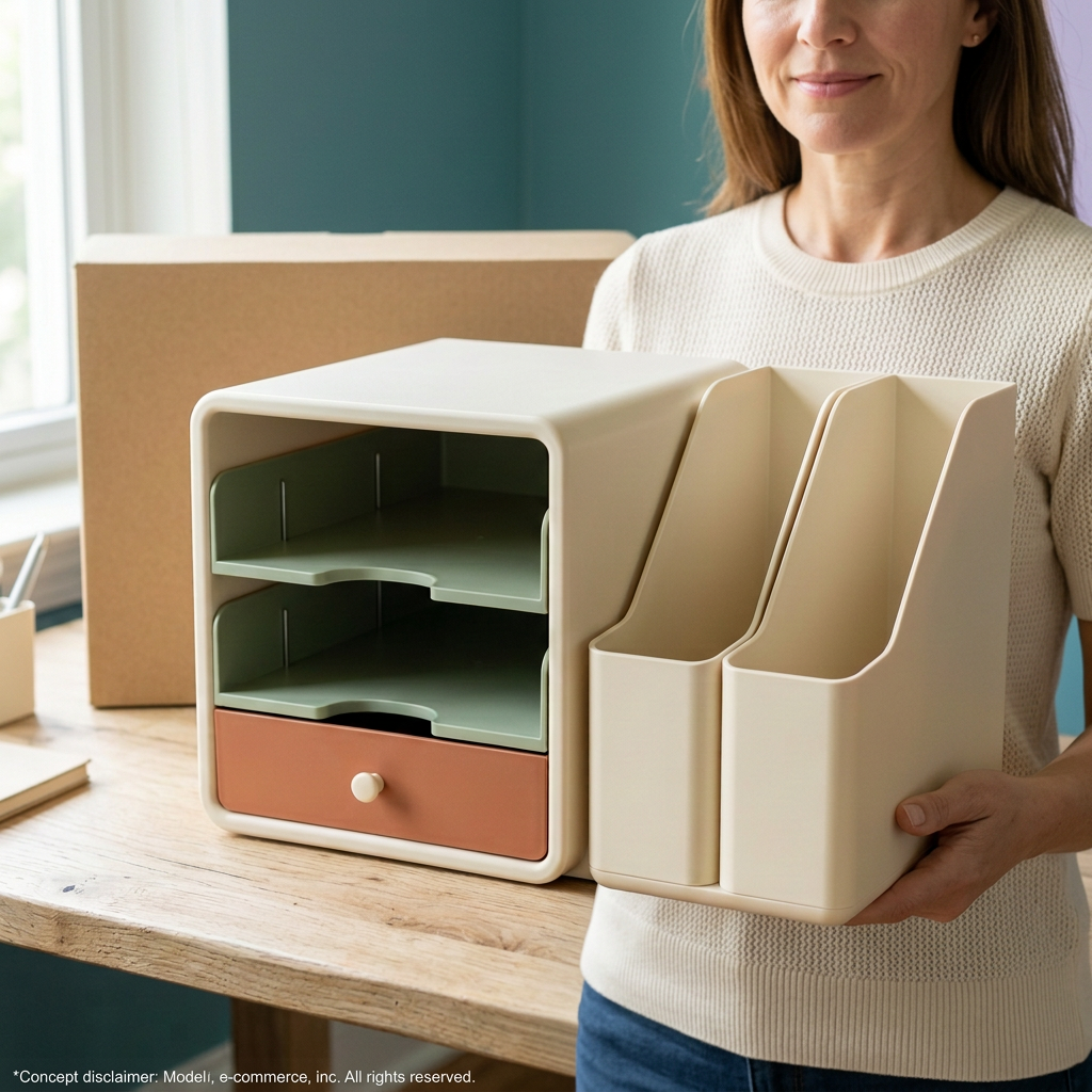 Desktop File & Stationery Organizer with Two Sage Paper Trays, Ivory Upright File Holders & Terracotta Accessory Drawer