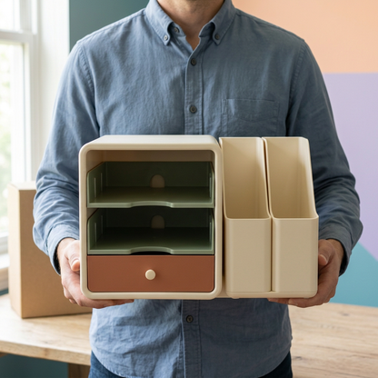 Desktop File & Stationery Organizer with Two Sage Paper Trays, Ivory Upright File Holders & Terracotta Accessory Drawer