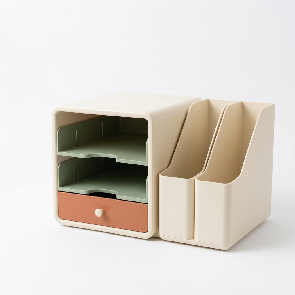 Desktop File & Stationery Organizer with Two Sage Paper Trays, Ivory Upright File Holders & Terracotta Accessory Drawer