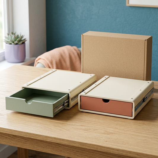 Under-Desk Hidden Drawer Set — Two Shallow Sliding Storage Modules in Sage & Terracotta with Ivory Housings
