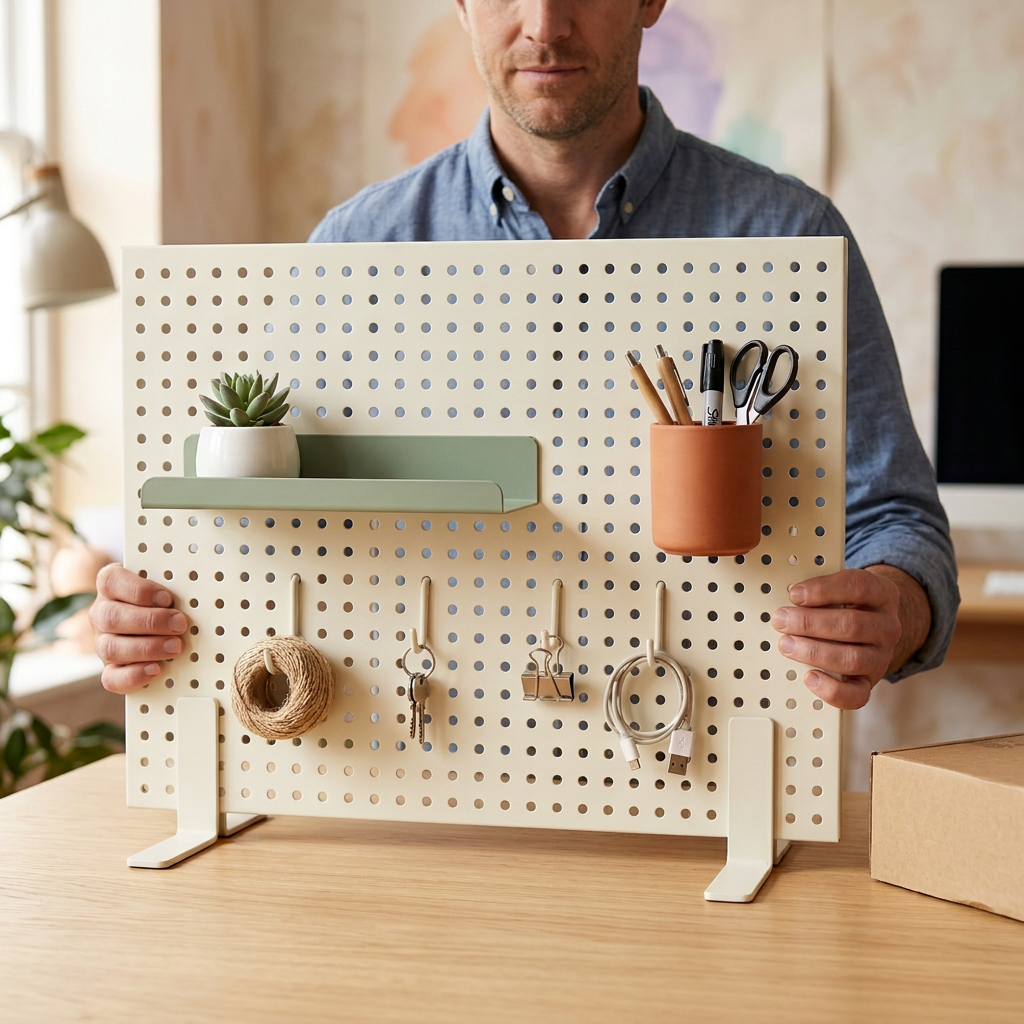 Desktop Pegboard Organizer System — Ivory Display Panel with Sage Shelf, Terracotta Pen Cup & Repositionable Hook Concept