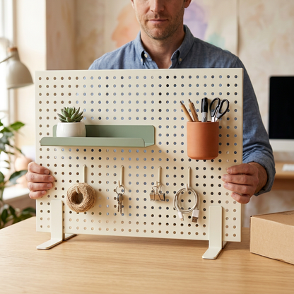 Desktop Pegboard Organizer System — Ivory Display Panel with Sage Shelf, Terracotta Pen Cup & Repositionable Hook Concept