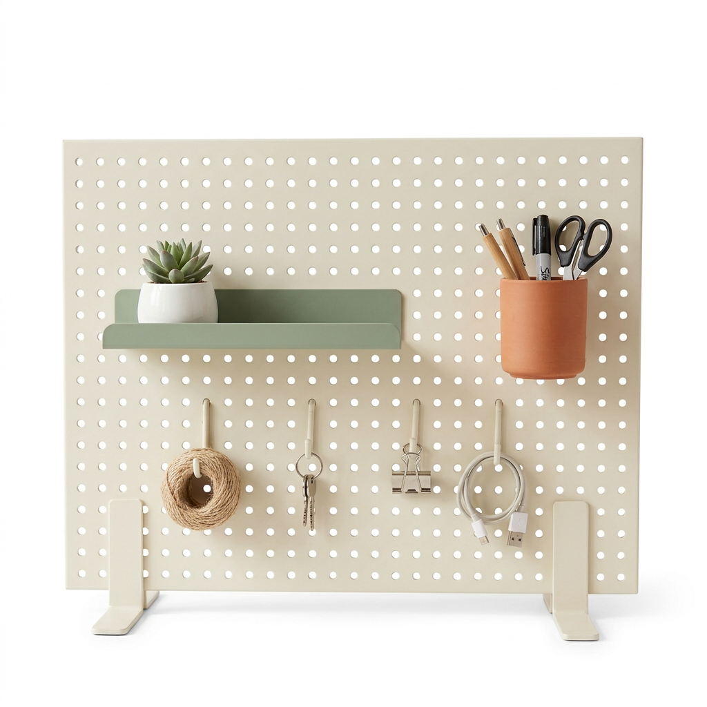 Desktop Pegboard Organizer System — Ivory Display Panel with Sage Shelf, Terracotta Pen Cup & Repositionable Hook Concept