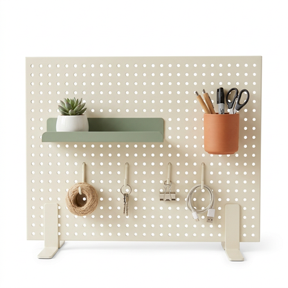 Desktop Pegboard Organizer System — Ivory Display Panel with Sage Shelf, Terracotta Pen Cup & Repositionable Hook Concept