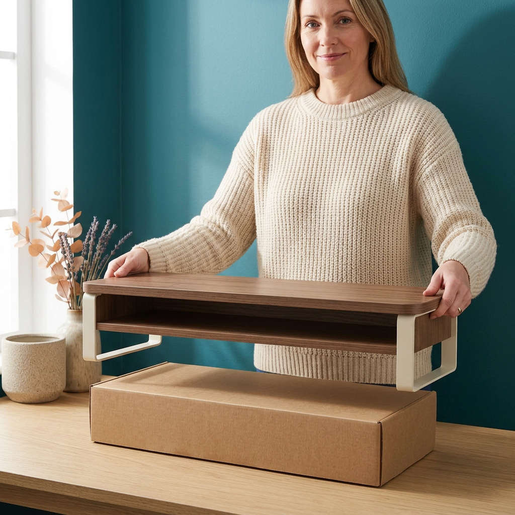 AI concept adult female model holding monitor riser
