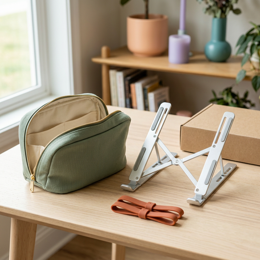 Portable Office Organizer Kit — Sage Tech Pouch, Folding Laptop Stand & Coordinated Cable Ties for Work Between Spaces