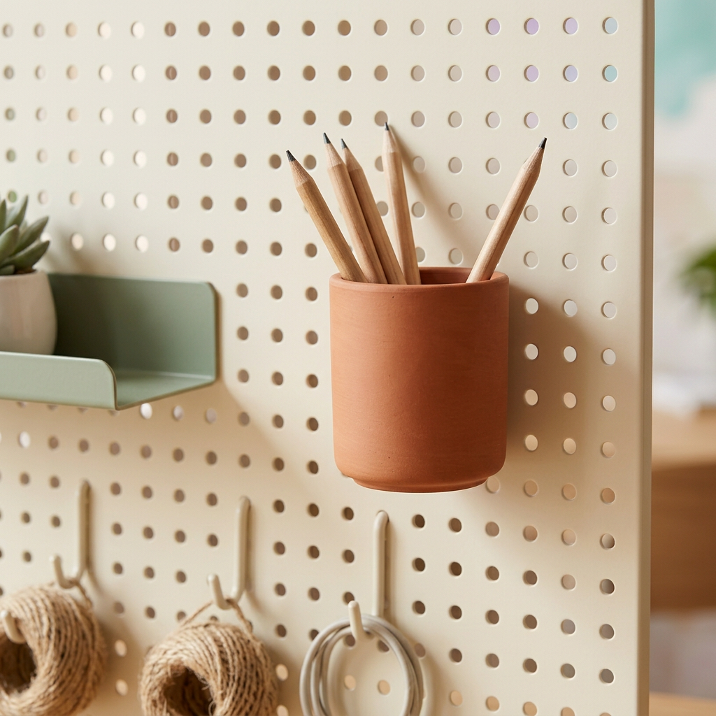 Desktop Pegboard Organizer System — Ivory Display Panel with Sage Shelf, Terracotta Pen Cup & Repositionable Hook Concept