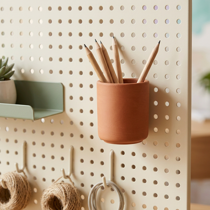 Desktop Pegboard Organizer System — Ivory Display Panel with Sage Shelf, Terracotta Pen Cup & Repositionable Hook Concept