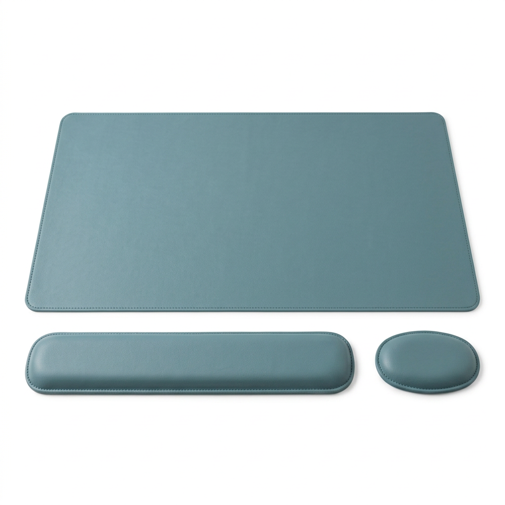 AI concept three-piece desk mat and wrist rest set on white background
