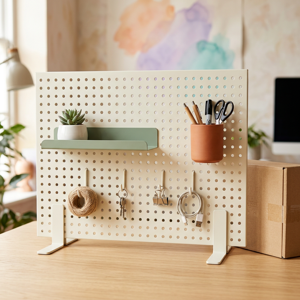 Desktop Pegboard Organizer System — Ivory Display Panel with Sage Shelf, Terracotta Pen Cup & Repositionable Hook Concept