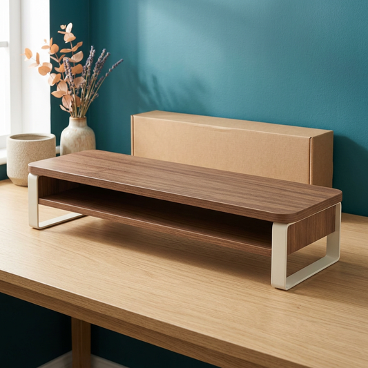 AI concept walnut woodgrain-look monitor riser with ivory frame