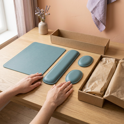 AI concept desk mat set with plain unbranded kraft packaging