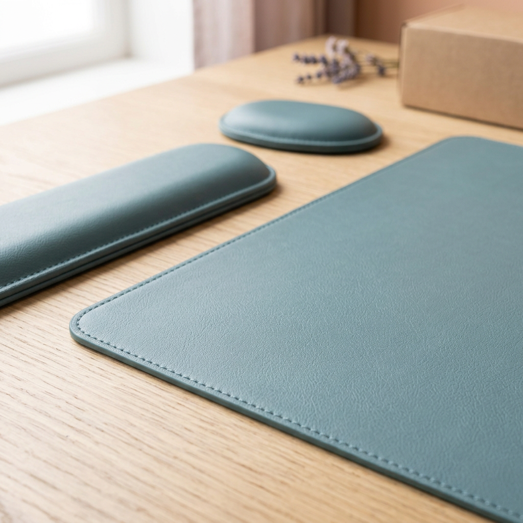 AI concept rounded desk mat corner and stitched edge detail