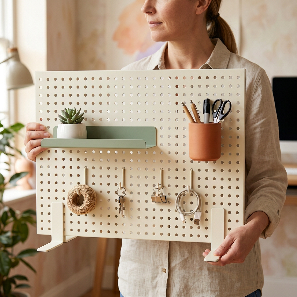 Desktop Pegboard Organizer System — Ivory Display Panel with Sage Shelf, Terracotta Pen Cup & Repositionable Hook Concept