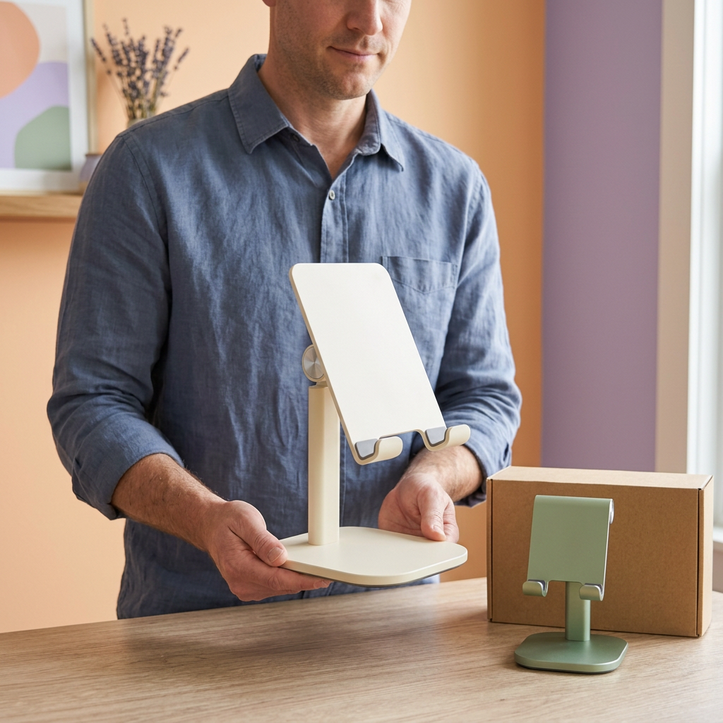 AI concept adult male model holding tablet stand with phone stand nearby