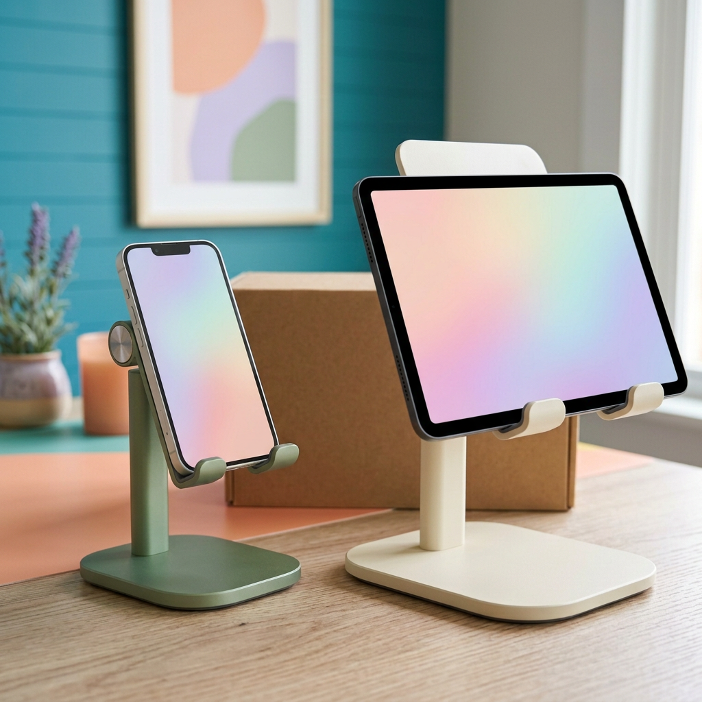 AI concept phone and tablet supported in illustrative desk arrangement
