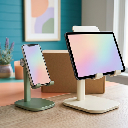 AI concept phone and tablet supported in illustrative desk arrangement