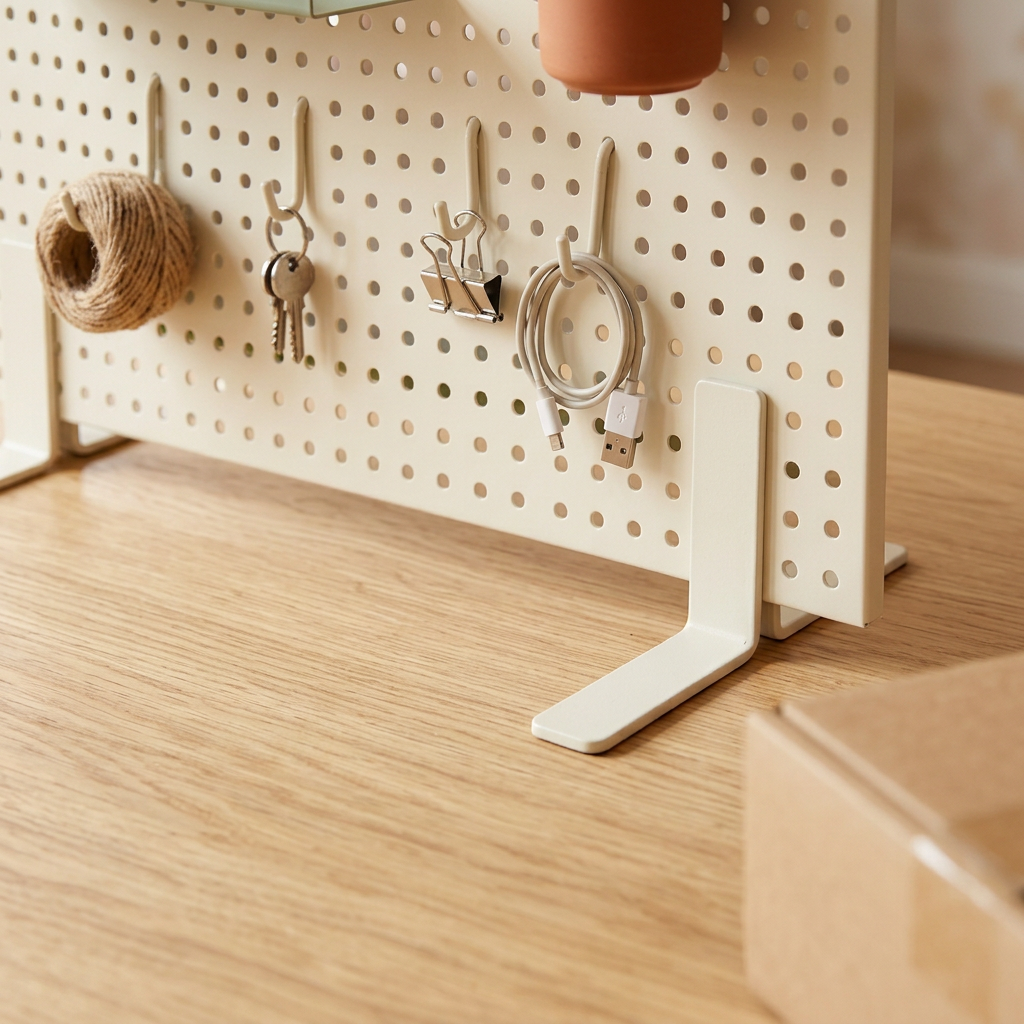 Desktop Pegboard Organizer System — Ivory Display Panel with Sage Shelf, Terracotta Pen Cup & Repositionable Hook Concept