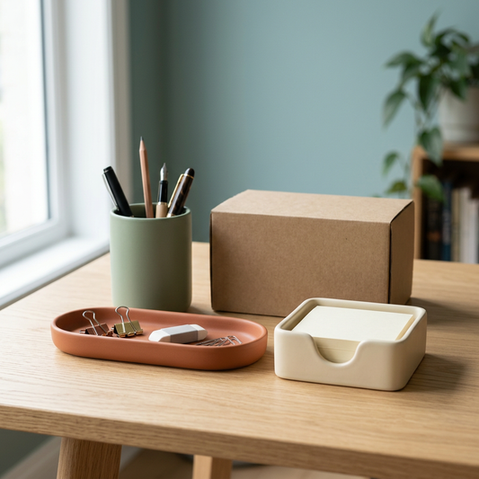 AI concept main image of sage, terracotta and ivory desktop organizer set