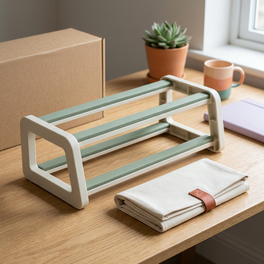 Two-Level Desktop Keyboard Storage Rack with Dust Cover — Ivory Frame, Sage Resting Rails & Terracotta Cover Accent for an Organized Desk Reset