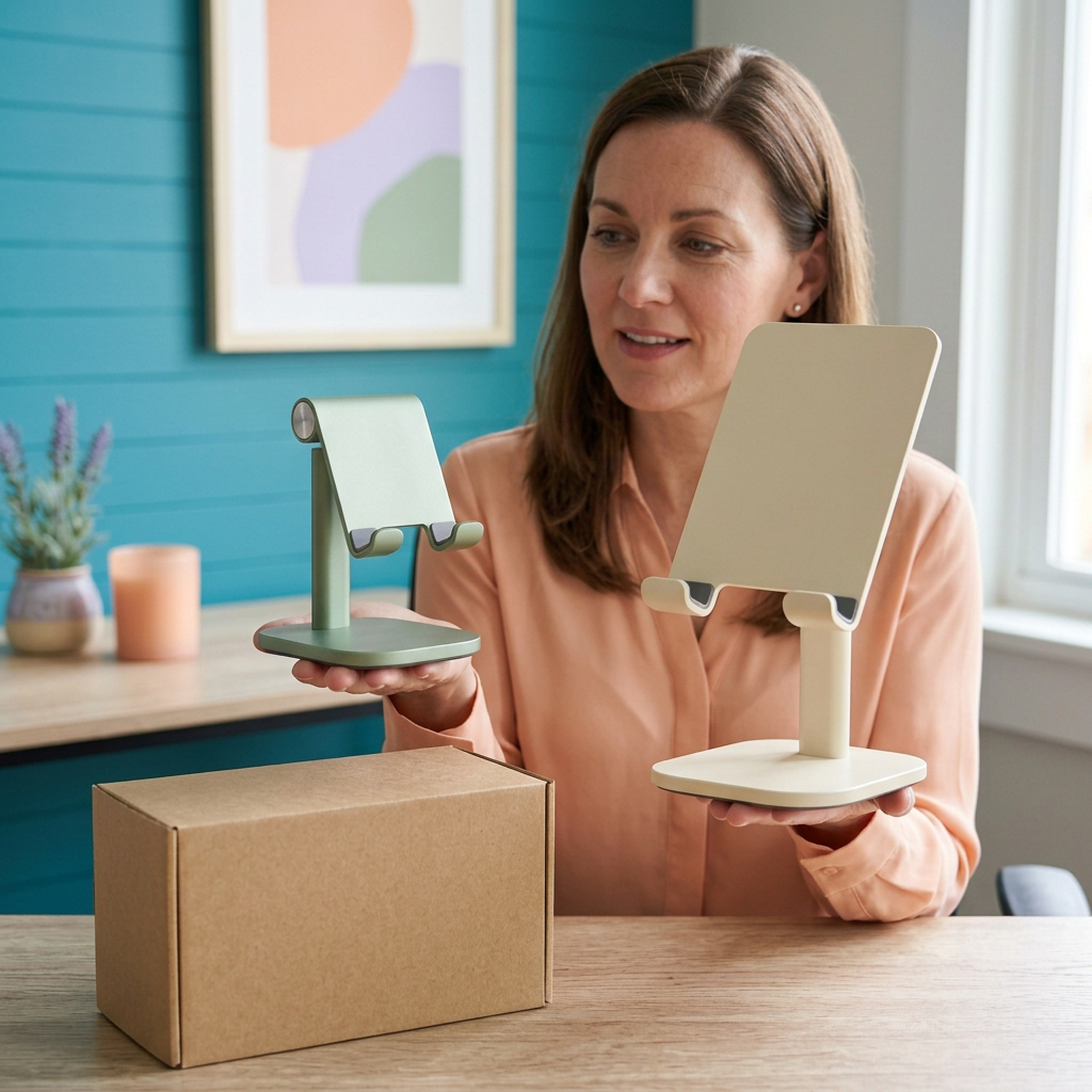 AI concept adult female model holding coordinated device stands