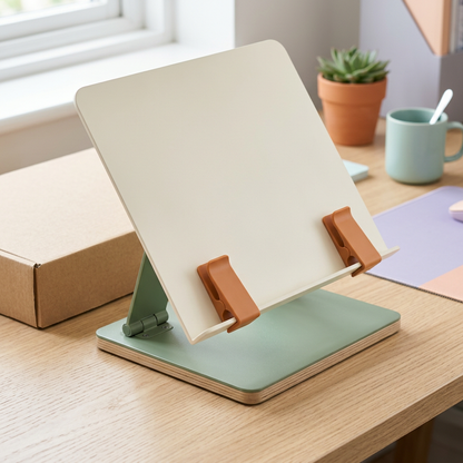 Adjustable Desktop Reading & Document Stand — Ivory Support Panel with Sage Base and Terracotta Page Clips for Books & Reference Pages
