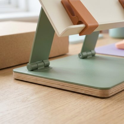 Adjustable Desktop Reading & Document Stand — Ivory Support Panel with Sage Base and Terracotta Page Clips for Books & Reference Pages