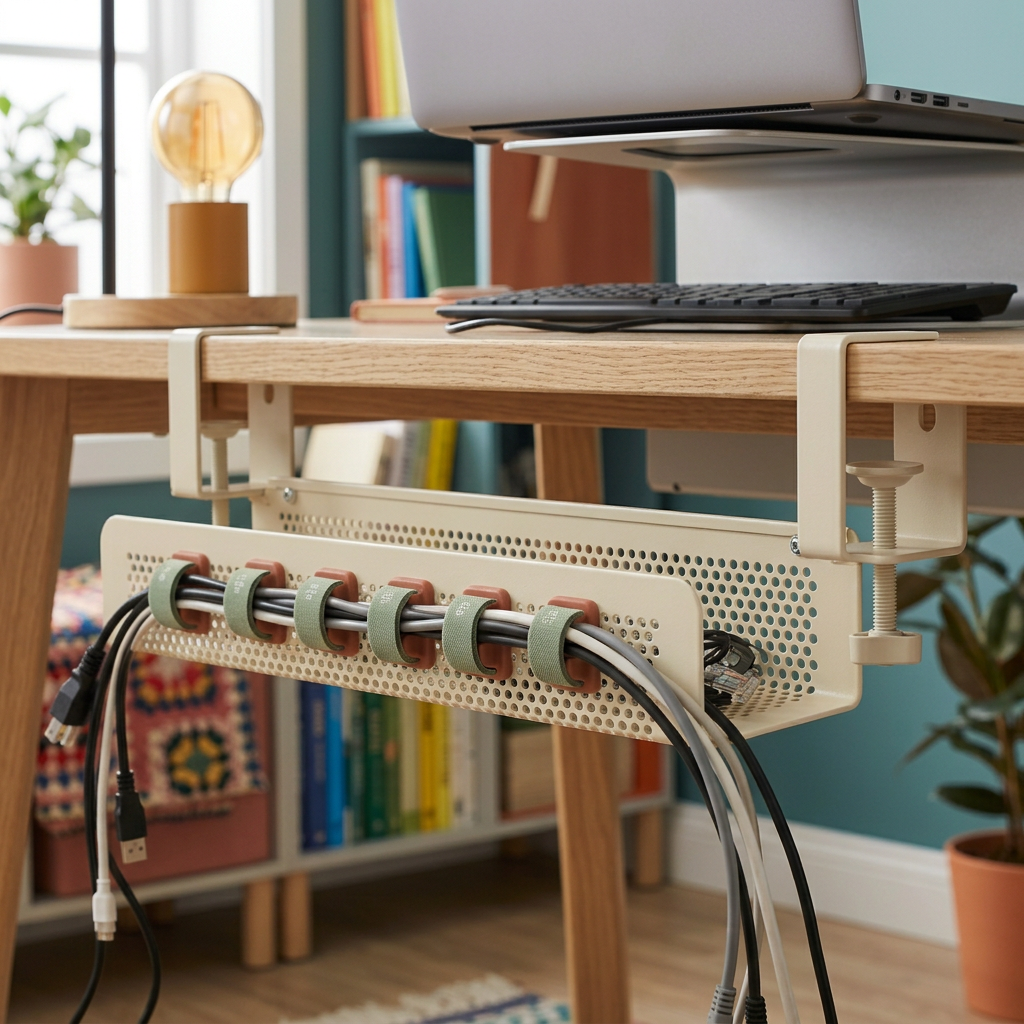 AI concept under-desk cable routing scene, not installation instructions