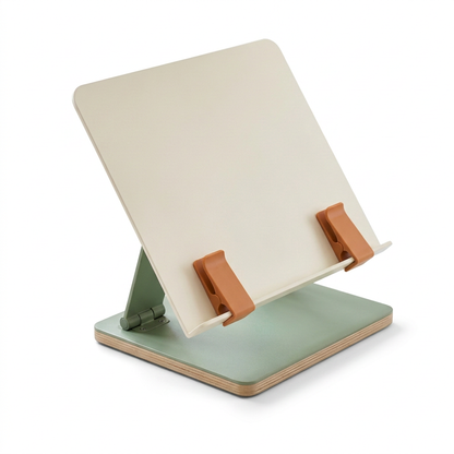 Adjustable Desktop Reading & Document Stand — Ivory Support Panel with Sage Base and Terracotta Page Clips for Books & Reference Pages