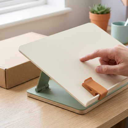 Adjustable Desktop Reading & Document Stand — Ivory Support Panel with Sage Base and Terracotta Page Clips for Books & Reference Pages