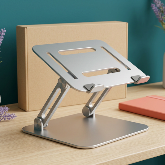 AI concept silver adjustable laptop stand with plain kraft packaging