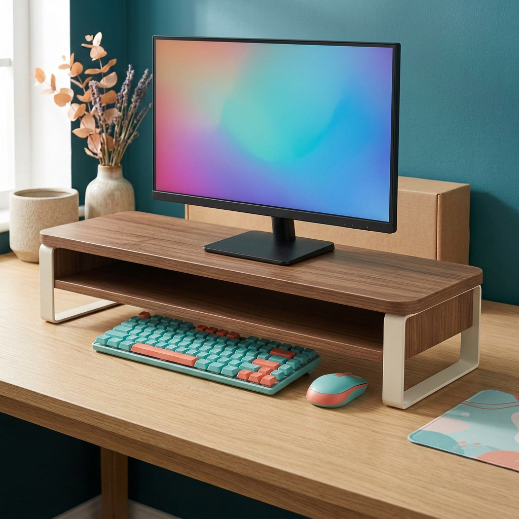 AI concept monitor riser in colorful desktop scene