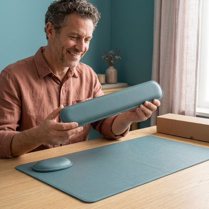 AI concept adult male model holding matching keyboard wrist rest