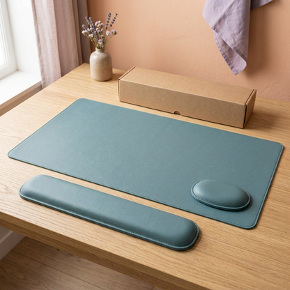 AI concept three-piece teal desk accessory scene