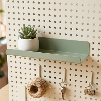 Desktop Pegboard Organizer System — Ivory Display Panel with Sage Shelf, Terracotta Pen Cup & Repositionable Hook Concept